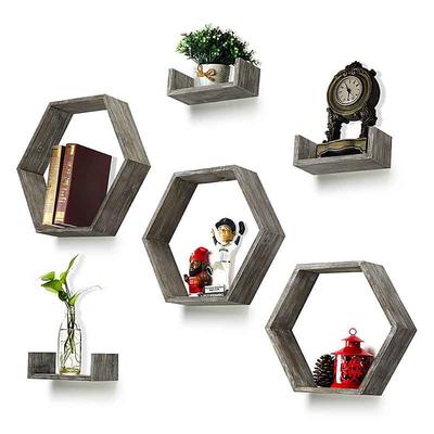Wall shelves set of 6-countryside wood hexagon boxes and U-shape floating wood shelves