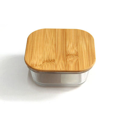 customized  square empty glass container with bamboo wooden lid
