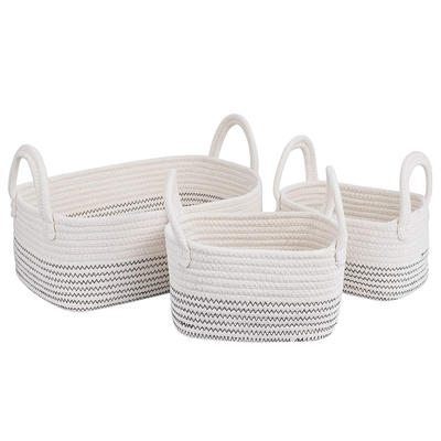 high quality customized white gray cotton rope baby diaper toys storage basket bins set of 3 with handle