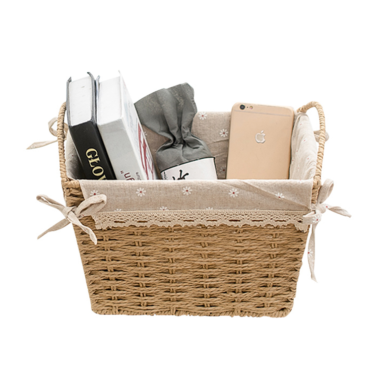 customized environmental paper rope hand weaving storage basket with lace edge lining