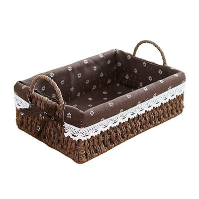 unique rural wind style eco-friendly rectangle paper rope woven basket with sturdy metal handles