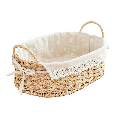wholesale beige color oval handmade paper string kids toy storage weaving basket 26x18x9cm