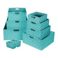 customized aqua color handmade woven pp strap basket polypropylene fiber ribbon storage baskets set of 9